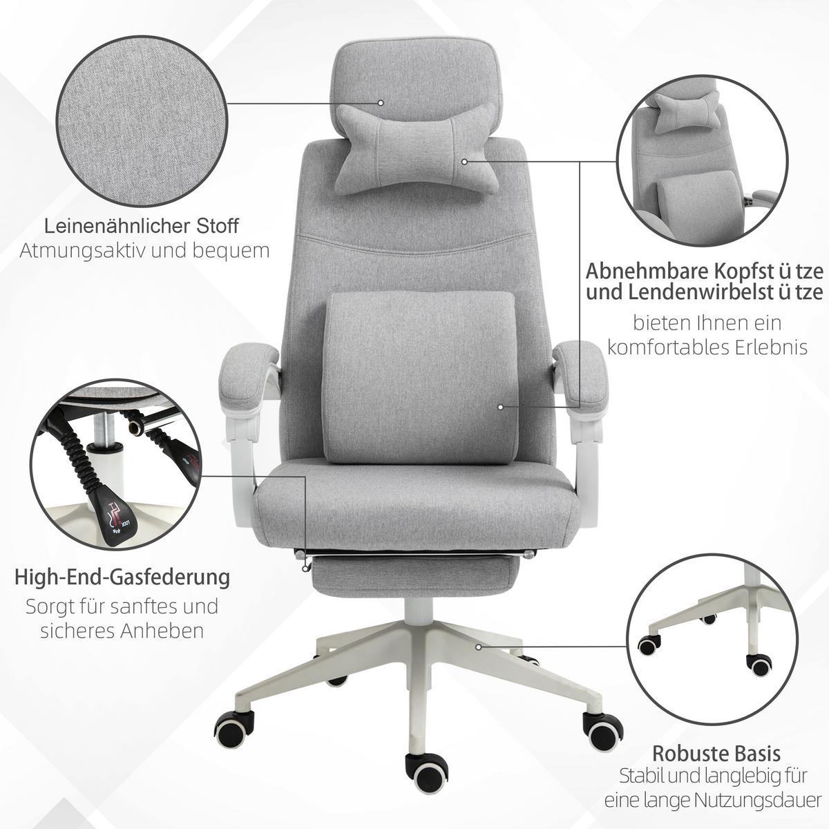 BÜROSTUHL Gamingstuhl Ergonomisches Design Polyester Schaumstoff Kunststoff - Grau, Kunststoff (68/117/62cm) - Vinsetto