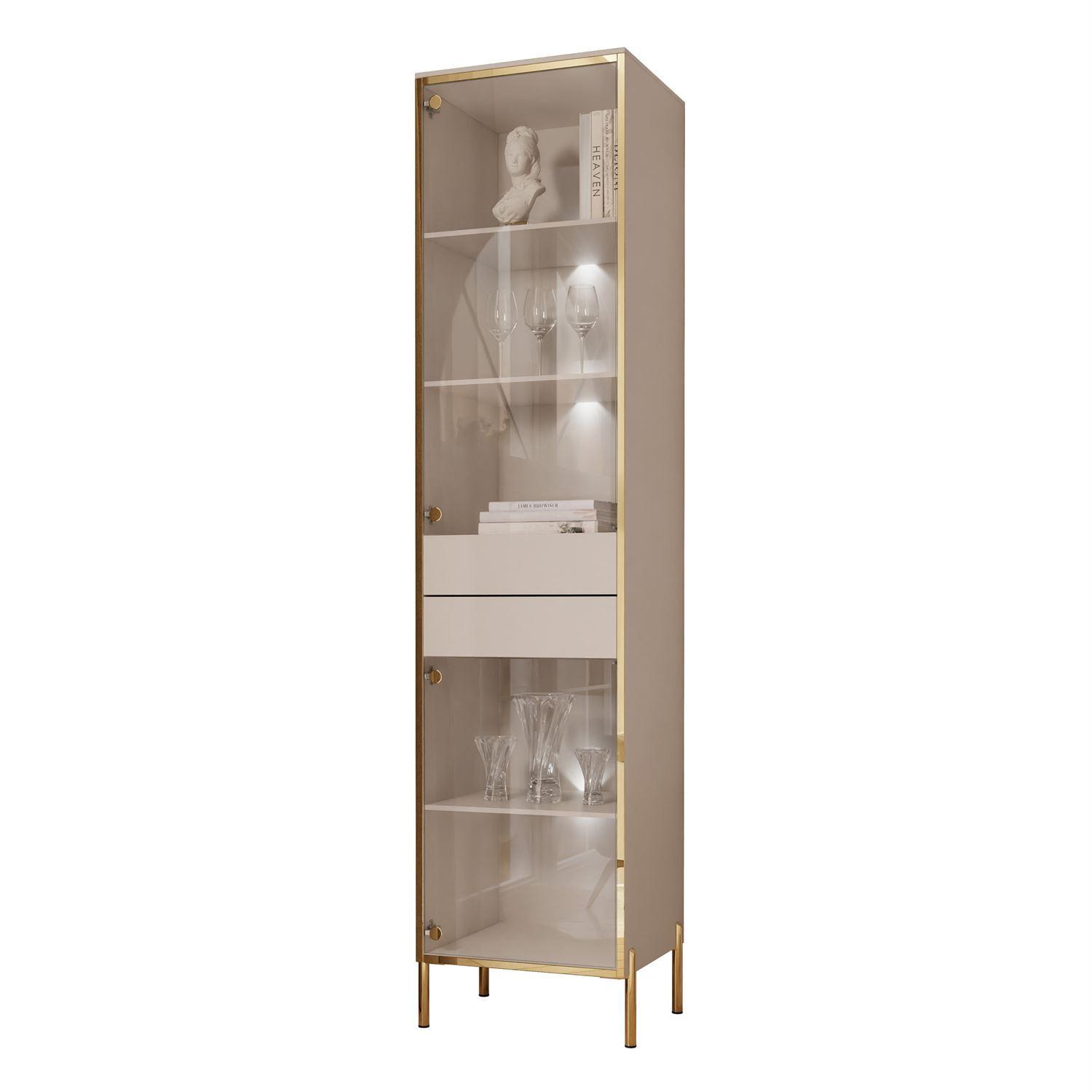 VITRINE AURORA in Kaschmir mit LED-Beleuchtung mit gerade Goldchrom Fuße - Kaschmir/Goldfarben, Holzwerkstoff/Metall (45/195/40cm) - Lookway