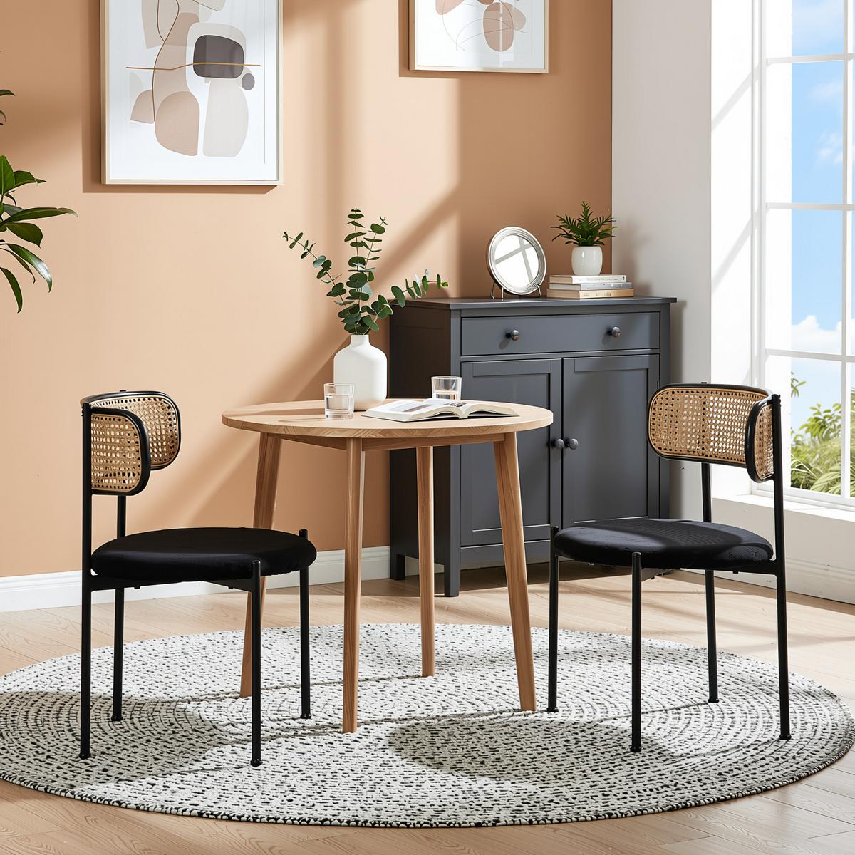 ESSZIMMERSTUHL Set 2er Schwarz Samt & Rattan Polsterstuhl mit Metallbeinen - Schwarz, Textil (51/75/51cm) - Urban Meuble