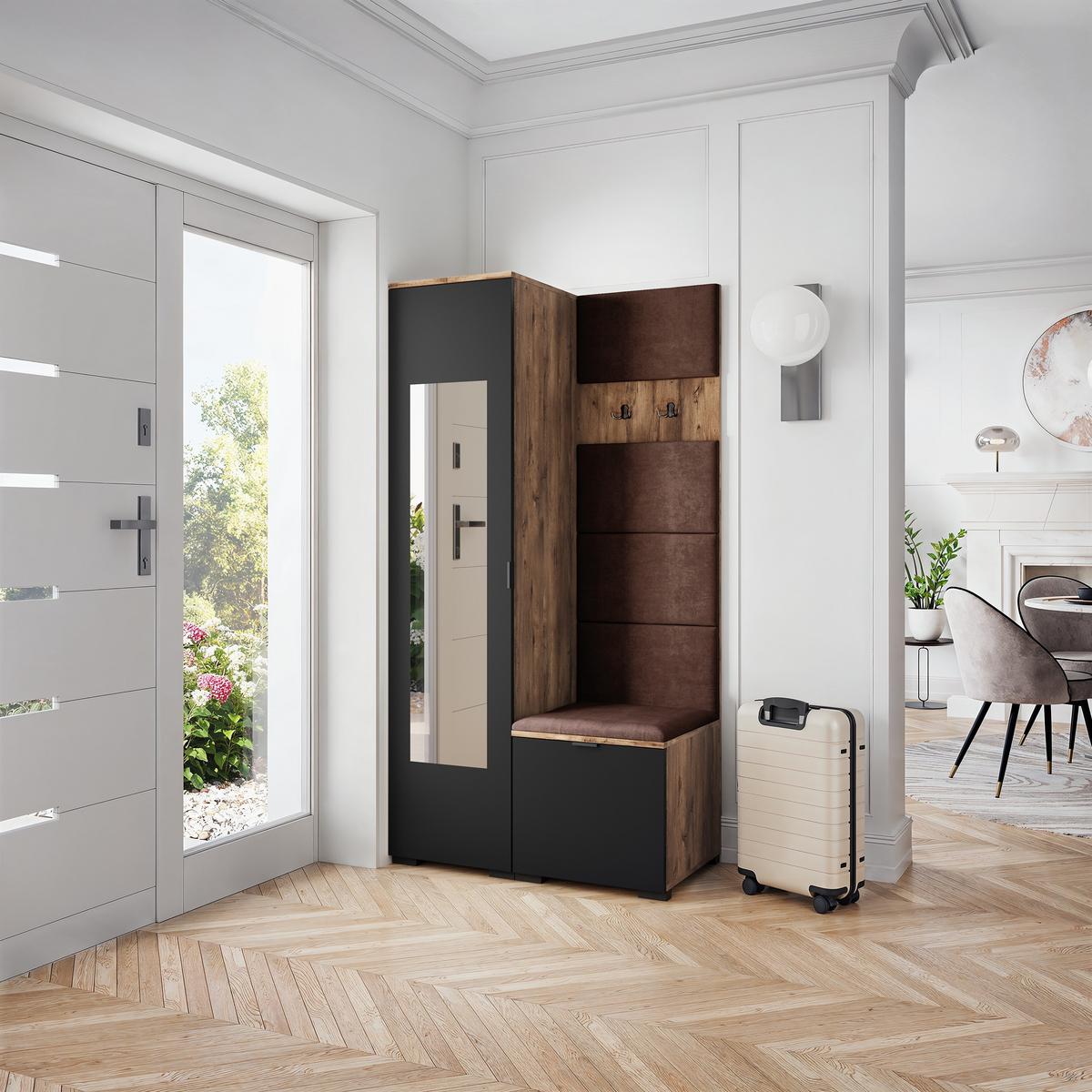 GARDEROBENSCHRANK VIRA 95/181/51 cm Modern Garderobe-Set Eiche Lefkas - Eichefarben/Schwarz, Holzwerkstoff (95/181/51cm) - MASSENO