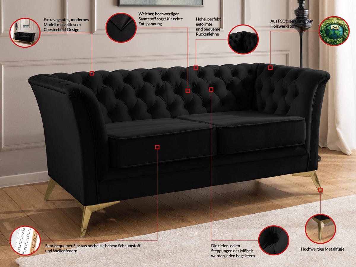 CHESTERFIELD-SOFA 2-sitzer Whitby Schwarz Samt mit goldenen Füßen - Goldfarben/Schwarz, Holz/Textil (175/78/82cm) - S-Style Möbel