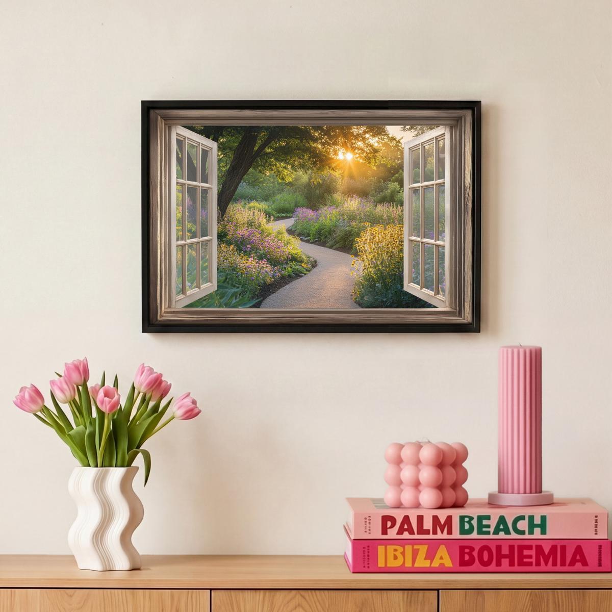 LEINWAND Bilder mit Rahmen - Aussicht - Blumen - Natur - Sonne - Weg - 30x20 - Hellgelb, Textil (30/20cm) - MuchoWow