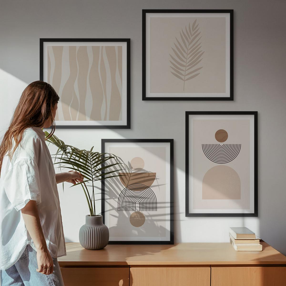 BILDER SET 4er Set - 50x50 cm & 40x60 cm Schwarzer Rahmen - Abstrakte Formen braun beige - Schwarz, Kunststoff (50/50cm) - TULUP