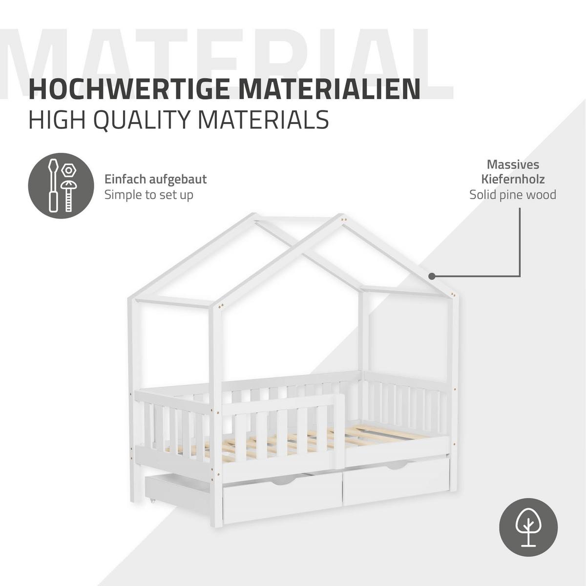 HAUSBETT 70x140 cm Weiß aus Kiefernholz mit 2 Schubladen und Rausfallschutz - Weiß, Holz (70/140cm) - ML-DESIGN