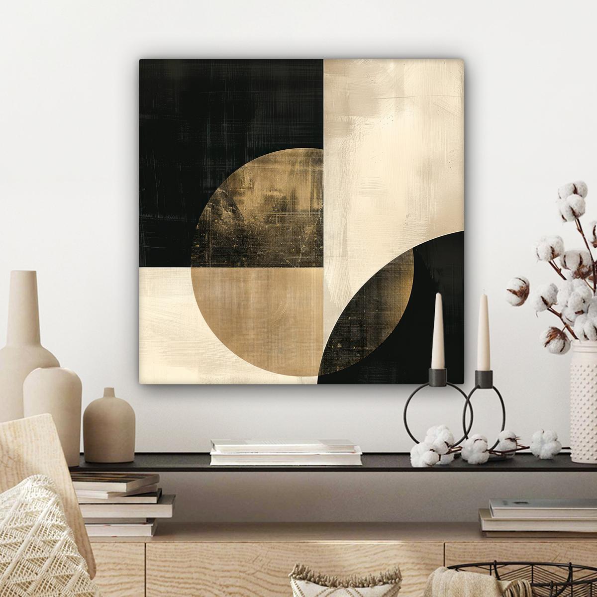 LEINWANDBILD Abstrakt - Geometrische Formen - Schwarz - Gold Wandbild Wohnzimmer 50x50 cm - Ecru, Textil (50/50cm) - MuchoWow