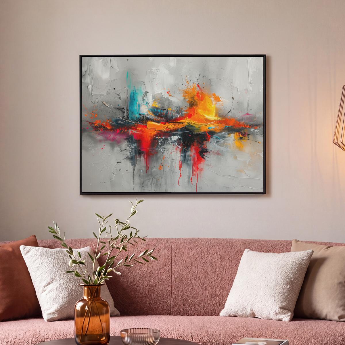 LEINWAND Bilder mit Rahmen - Moderne Kunst - Orange - Grau - Abstrakt - 80x60 - Hellgrau, Textil (80/60cm) - MuchoWow