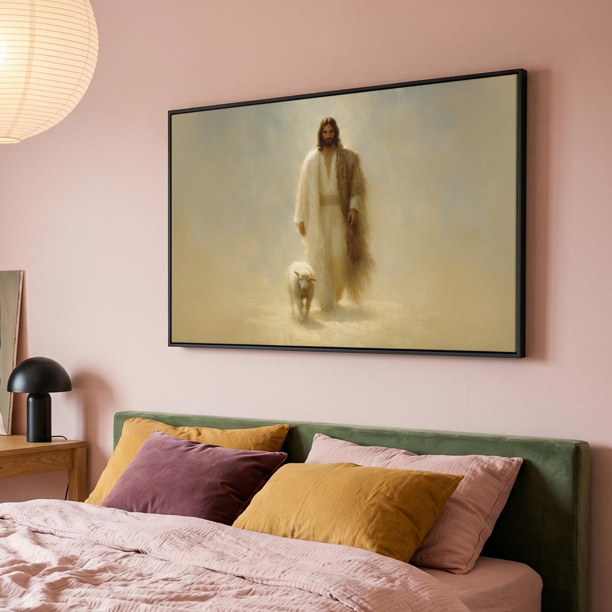 LEINWAND Bilder mit Rahmen - Schaf - Jesus - Pinselstriche - Abstrakt - 120x80 - Beige, Textil (120/80cm) - MuchoWow