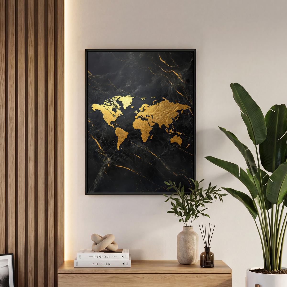 LEINWAND Bilder mit Rahmen - Weltkarte - Gold - Marmor - 50x70 - Goldfarben, Textil (50/70cm) - MuchoWow