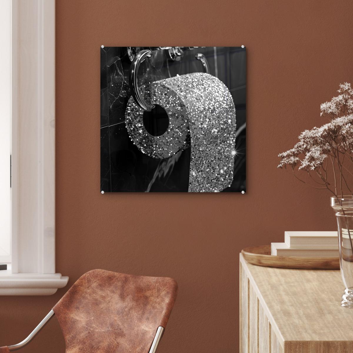 ACRYLGLASBILD WC - Toilettenpapier - Schwarz und weiß - Glitter 50x50 cm - Silberfarben, Glas (50/50cm) - MuchoWow