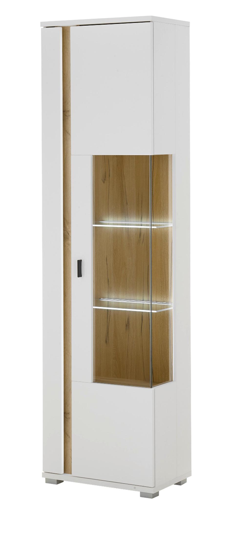 VITRINE weiß matt, Eiche Wotan 55 x 200 cm, Vitrinenschrank inklusive Frontbeleuchtung - Eiche Wotan/Silberfarben, Glas/Holzwerkstoff (55/200/35cm) - Furn.Design