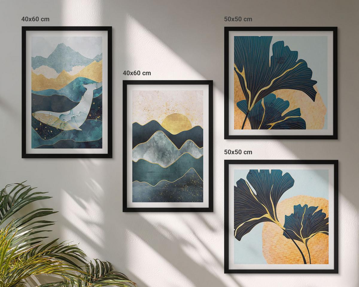 BILDER SET 4er Set - 50x50 cm & 40x60 cm Schwarzer Rahmen - Abstrakte ästhetische Berge - Schwarz, Kunststoff (50/50cm) - TULUP