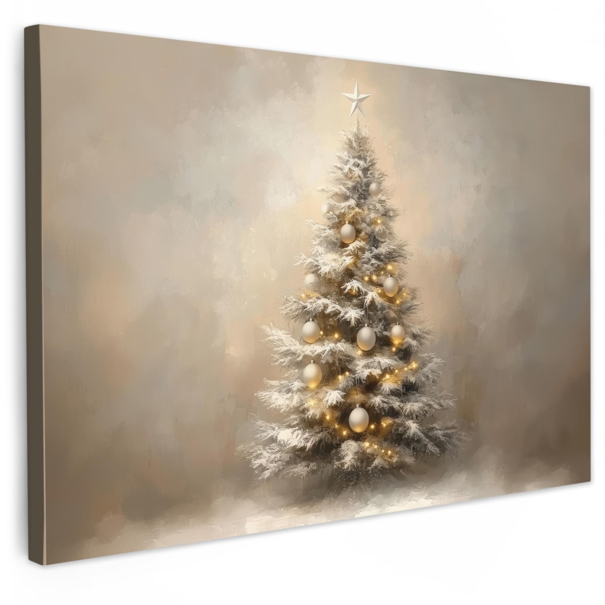 LEINWANDBILD Weihnachten - Weihnachtsbaum - Schnee - Kunst Wohnzimmer Groß 120x80 cm - Champagner, Textil (120/80cm) - MuchoWow