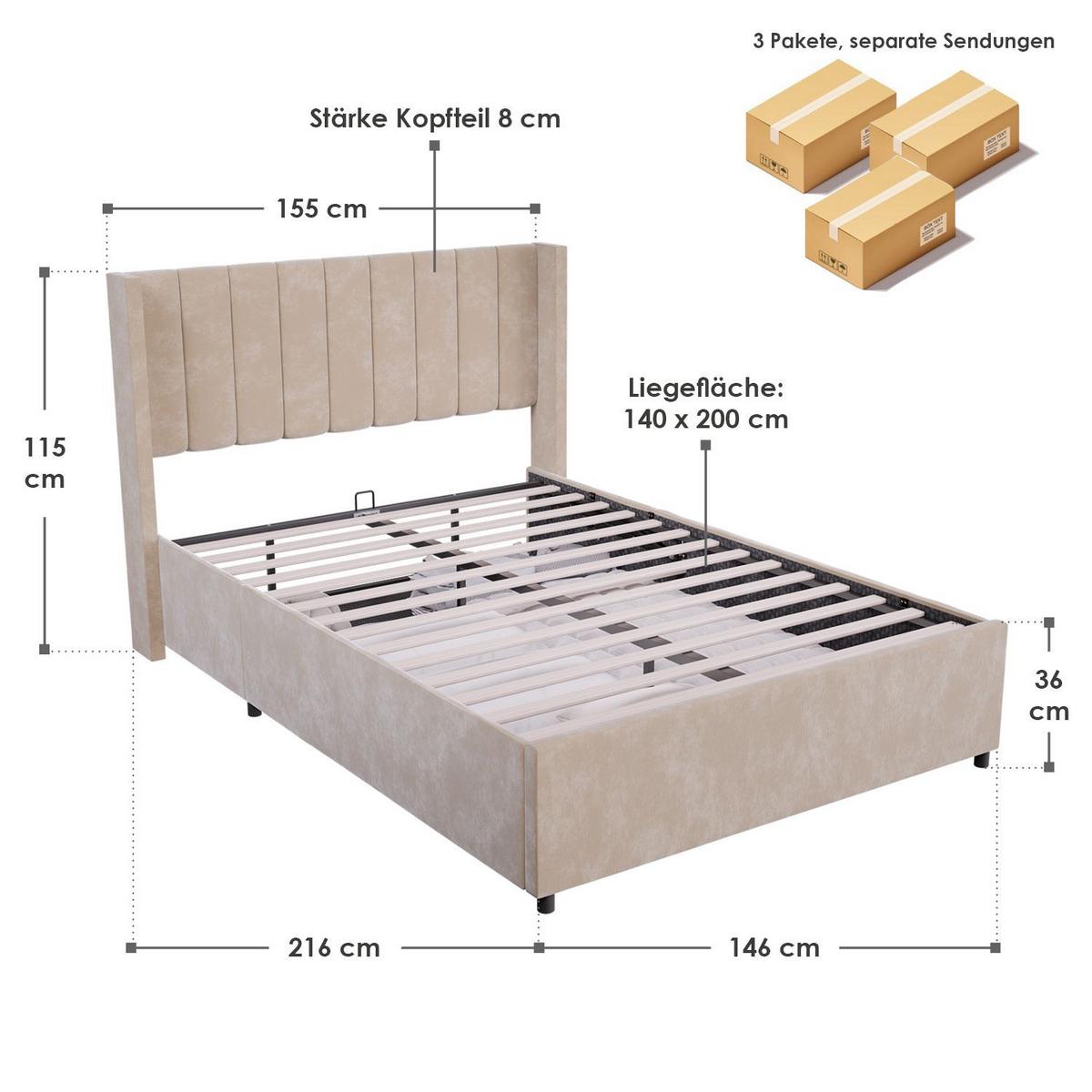 POLSTERBETT Savona beige 140 x 200 cm - Beige, Holzwerkstoff (140/200cm) - Juskys