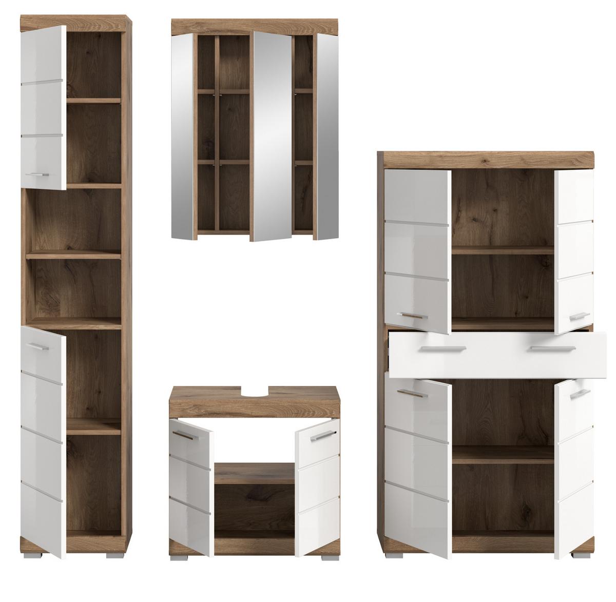 BADMÖBEL-SET weiß Hochglanz, Eiche 4-teilig 200 cm mit viel Stauraum - Weiß Hochglanz/Eichefarben, Glas/Holzwerkstoff (200/191/34cm) - Inn.Furn