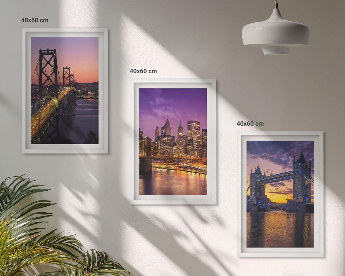 BILDER SET 3er Set - 40x60 cm Weißer Rahmen - Brücken, Sonne, Stadtblick - Weiß, Kunststoff (40/60cm) - TULUP