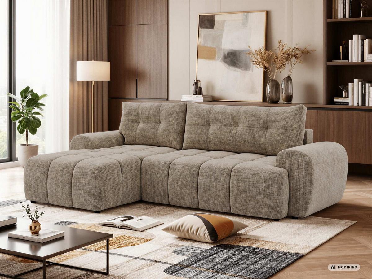ECKSOFA MARIVO L - Beige Schenille grob gewebt - Links Seite - Beige/Schwarz, Kunststoff/Textil (161/271cm) - MKS