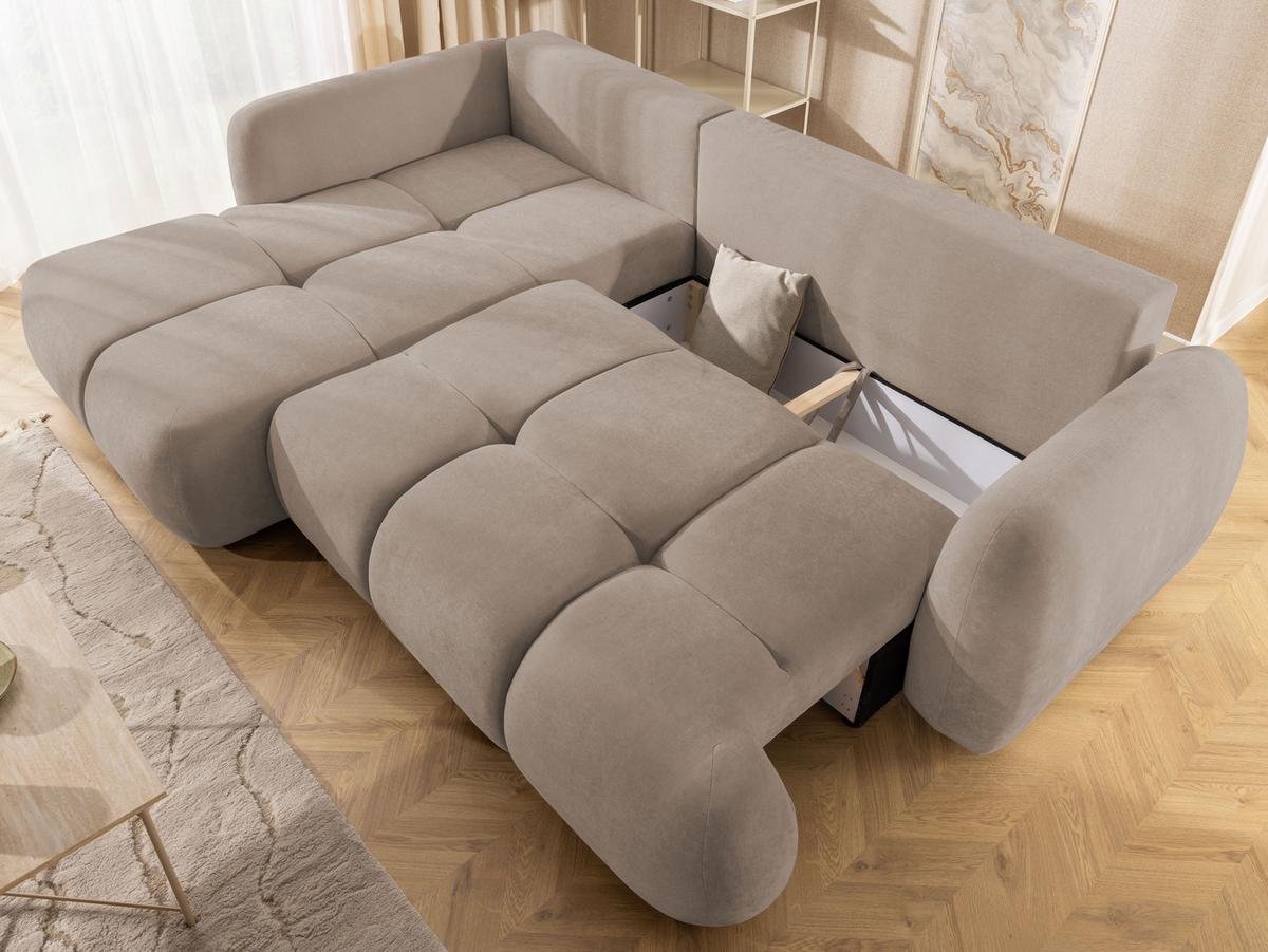 ECKSOFA Loretto aus natürlichem Greige Webstoff mit Schlaffunktion, Bettkasten und tiefen Steppungen in Bubble-Optik - Greige/Schwarz, Holz/Kunststoff (180/275cm) - S-Style