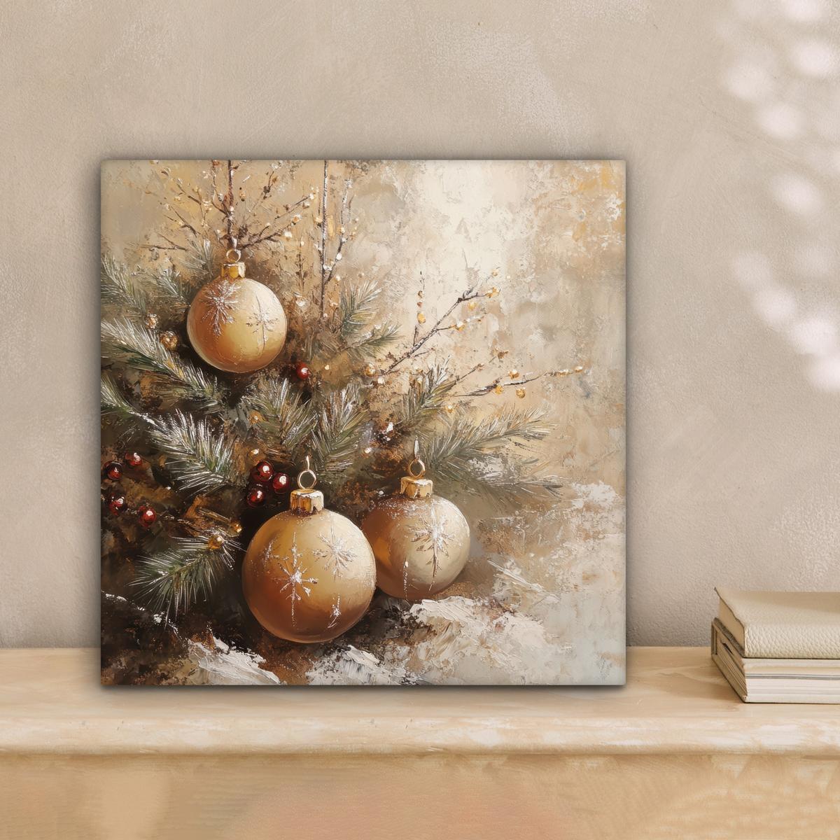 LEINWANDBILD Weihnachten - Kugeln - Beige - Gold Deko Wohnzimmer 20x20 cm - Goldfarben, Textil (20/20cm) - MuchoWow