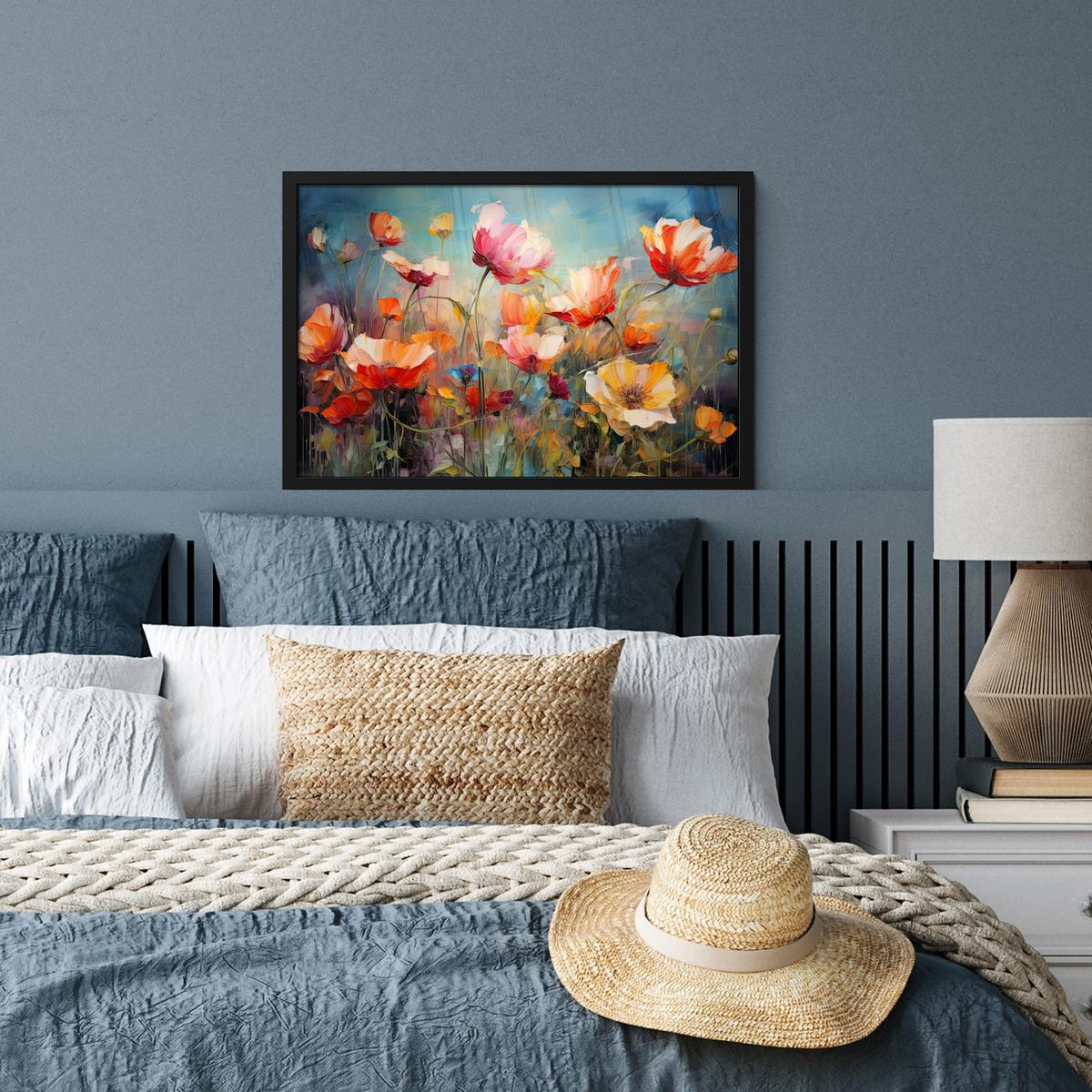 POSTER MIT RAHMENGERAHMTES BILD Blumen - Aquarell - Kunst - Botanisch - Natur 60x40 cm - Orange, Papier (60/40cm) - MuchoWow