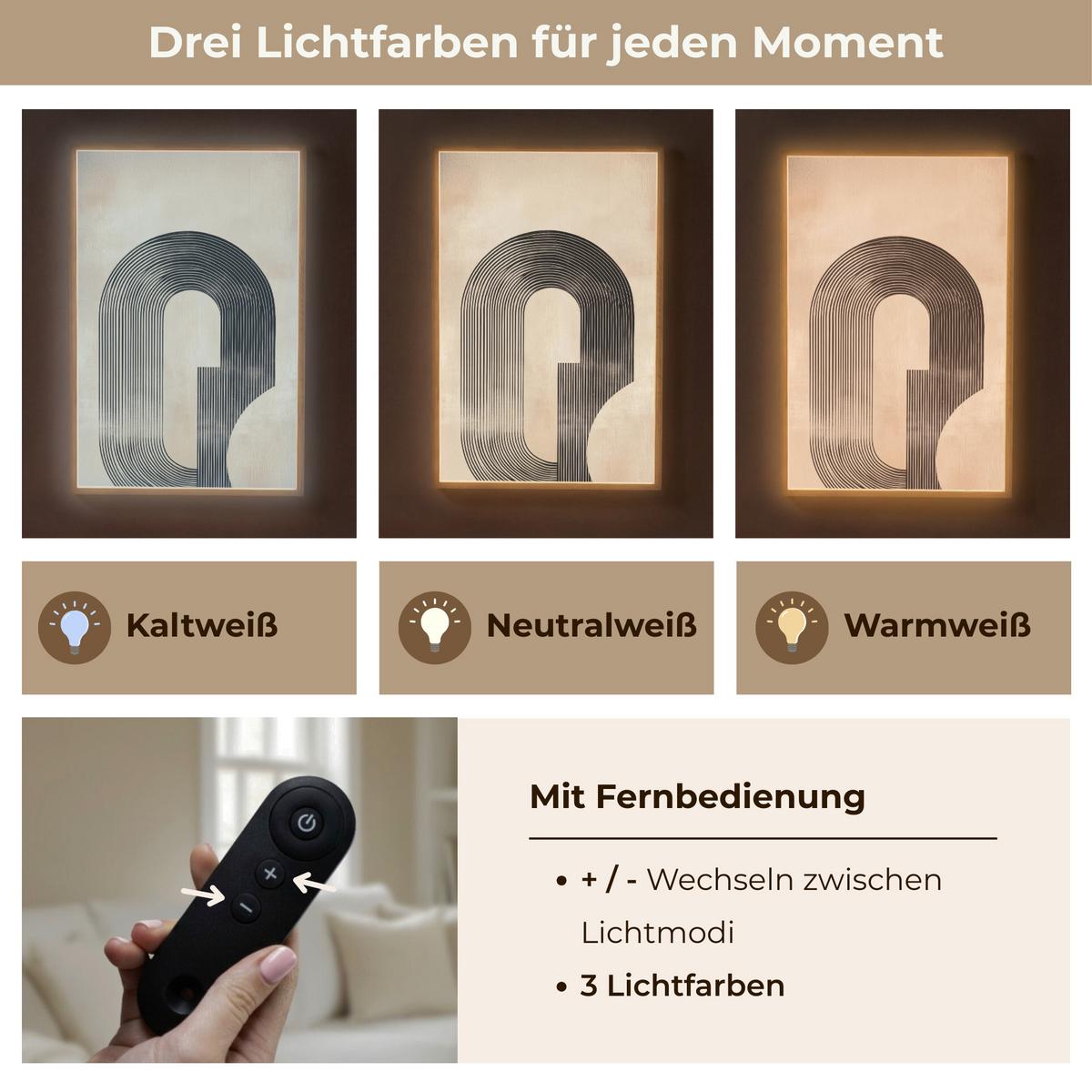 WANDLEUCHTE MIT AKKU Schleife - Streifen - Minimalistisch - Schwarz 70x100 cm - Beige, Holzwerkstoff (70/100/8cm) - OnlyWow