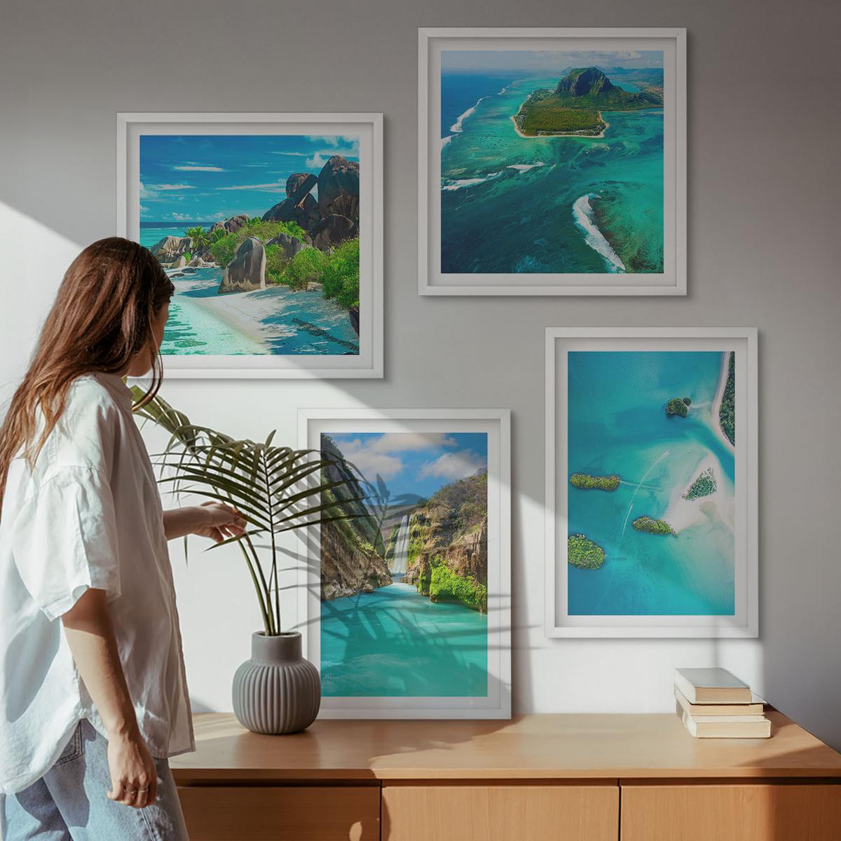 BILDER SET 4er Set - 50x50 cm & 40x60 cm Weißer Rahmen - Tropische türkisfarbene Inseln - Weiß, Kunststoff (50/50cm) - TULUP