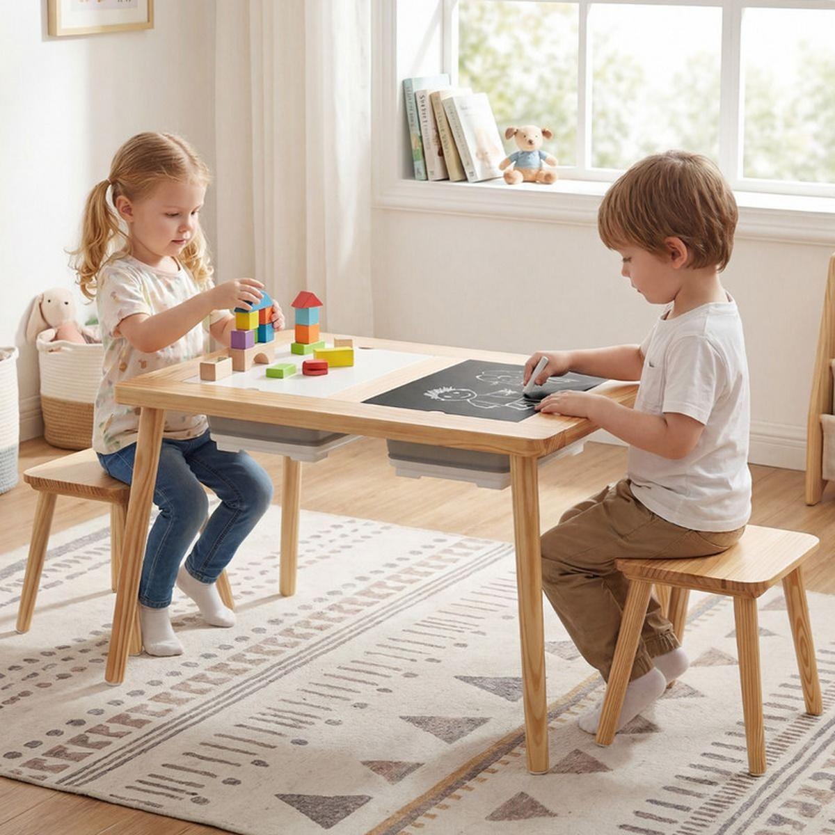 KINDERSPIELTISCH Quadrat natur(3-tlg) - Naturfarben, Holz (81/50/58cm) - COSTWAY