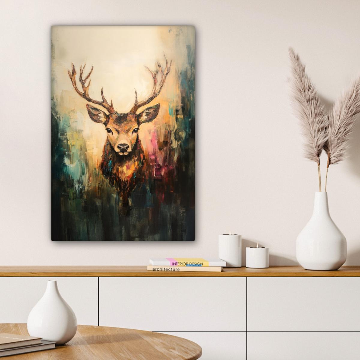 LEINWANDBILD Hirsch - Gemalt - Geweih - Braun Wanddeko Schlafzimmer 60x90 cm - Haselnussfarben, Textil (60/90cm) - MuchoWow