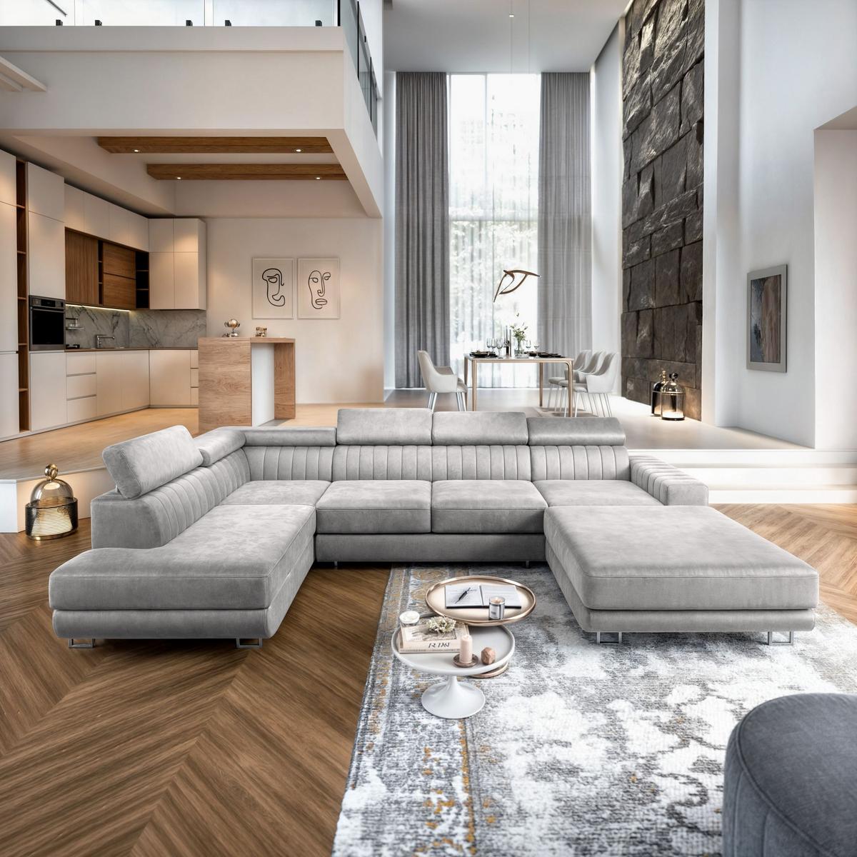 WOHNLANDSCHAFT SIENA L-S Hellgrau Velours-Stoff mit Schlaffunktion - Silberfarben/Hellgrau, Holz/Textil (335/89/190cm) - MASSENO