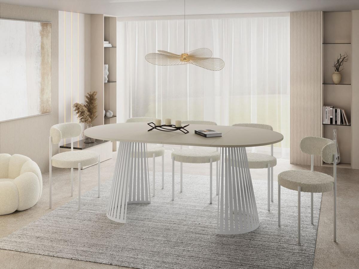 ESSTISCH Naro rund ausziehbar mit Weißem Lamellen-Metallgestell, Beige Cashmere 100-180/100/76 cm - Kaschmir/Beige, Holzwerkstoff/Metall (100/176/76cm) - WFL GROUP