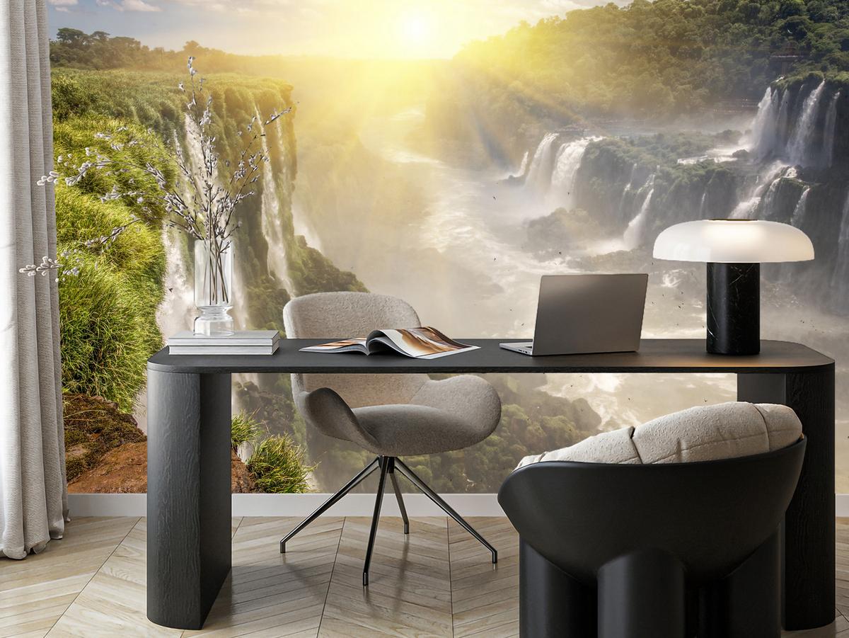 FOTOTAPETE für Wohnzimmer Wasserfall Sonnenaufgang Pflanzen 400x280 - Gelb/Beige, Papier (400/280cm) - Muralo