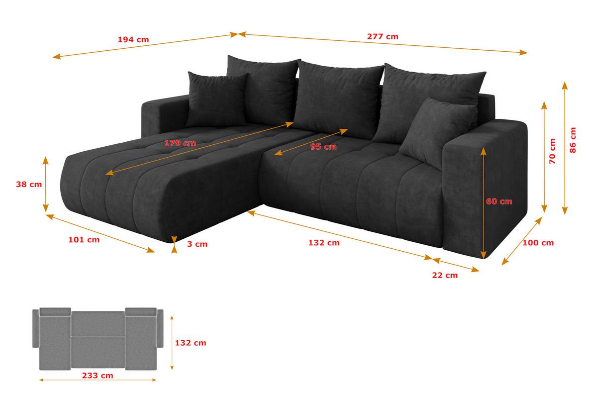 ECKSOFA mit Schlaffunktion Ottomane Links MILA-L 277x194x86 Dunkelgrau Velours - Anthrazit/Schwarz, Holzwerkstoff/Kunststoff (277/194cm) - ALTDECOR