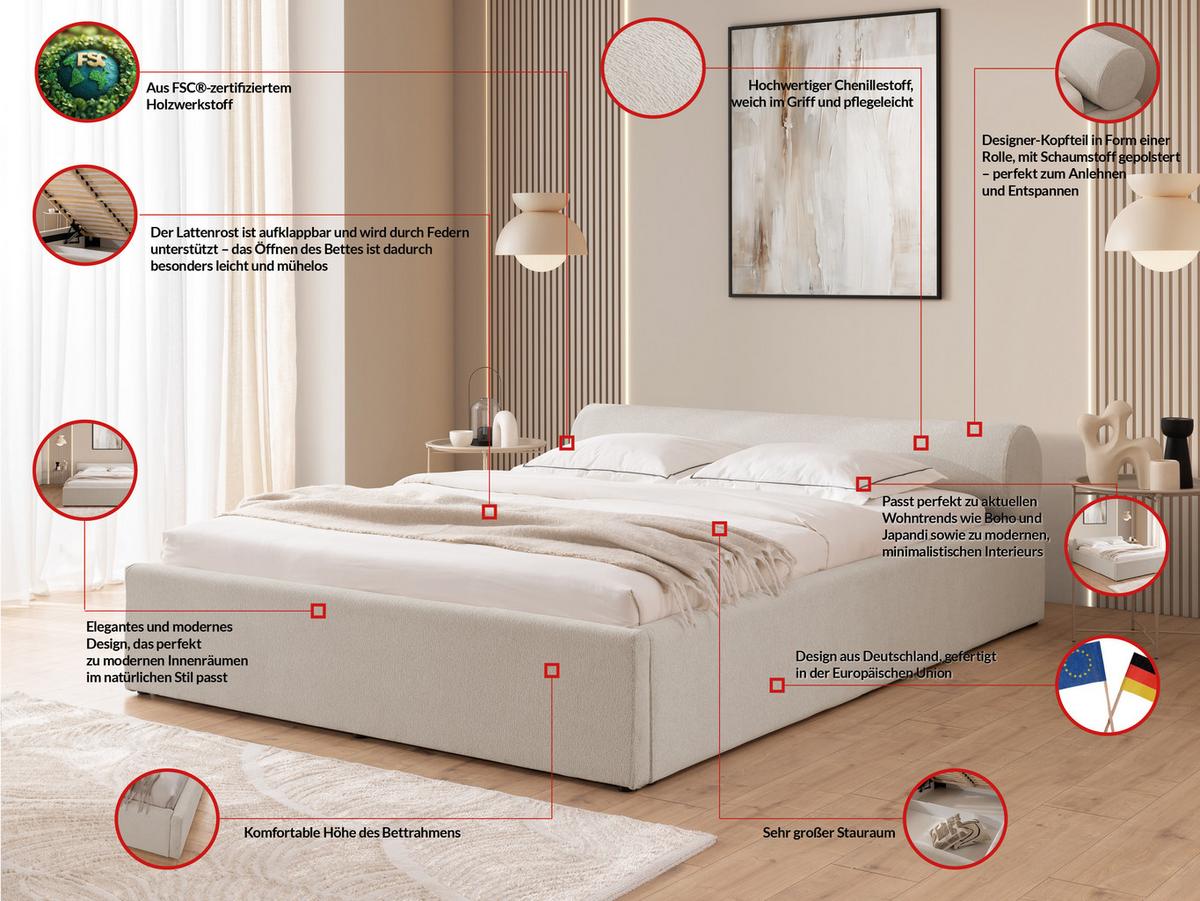 POLSTERBETT 140/200 cm Josy im Designer-Look mit Bettkasten und Lattenrost aus Hellgrau Chenille-Stoff - Hellgrau/Schwarz, Holz/Kunststoff (140/200cm) - S-Style Möbel