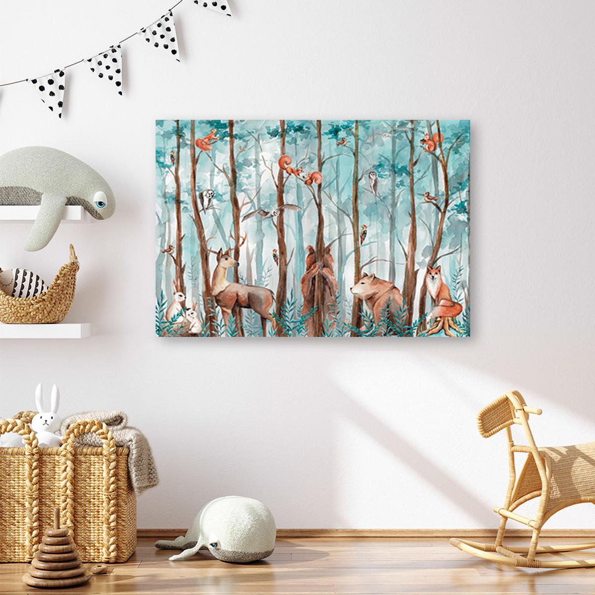 WANDBILD Waldtiere Hirschbär Fuchs 90x60cm - Türkis, Textil (90/60cm) - Feeby