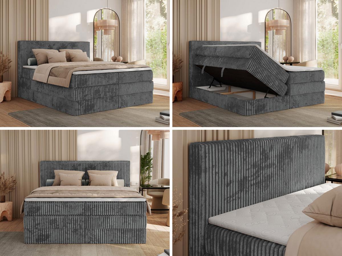 BOXSPRINGBETT TILIANO KING - 200/200 - Grau Cord - H4 - Grau, Holz/Textil (200/200cm) - MKS
