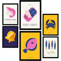 POSTER Set Mit 6 Lebensmittel Und Ernährungs Meeresfrüchte Natur Und Botanikdrucke Für Innenarchitektur A3 & A4 Schwarzer Rahmen - Schwarz, Papier (29/3cm) - Nacnic