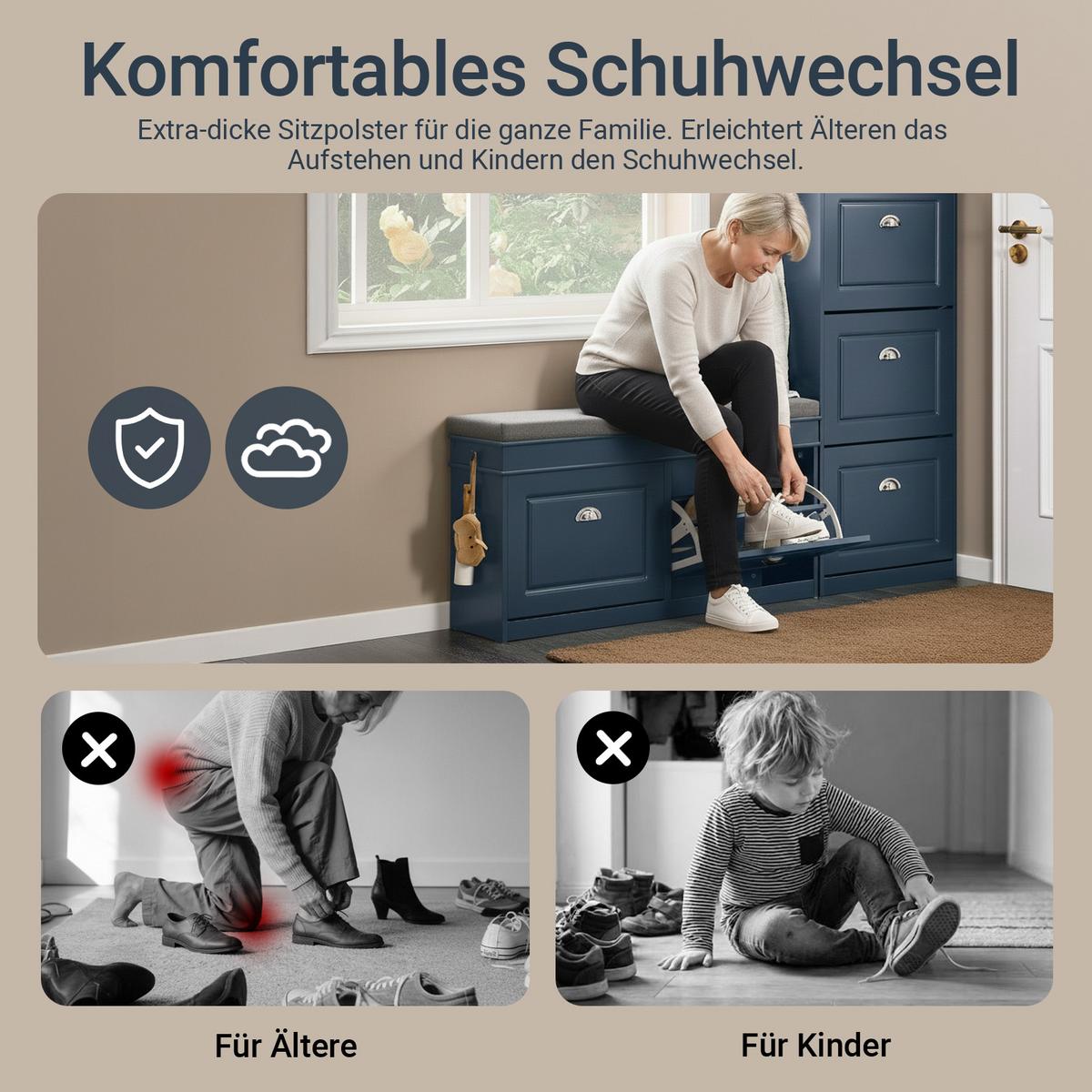 SCHUHBANK mit Sitzfläche und 2 Klappen, Blau 104x52x24cm - Blau, Holzwerkstoff (104/52/24cm) - SoBuy