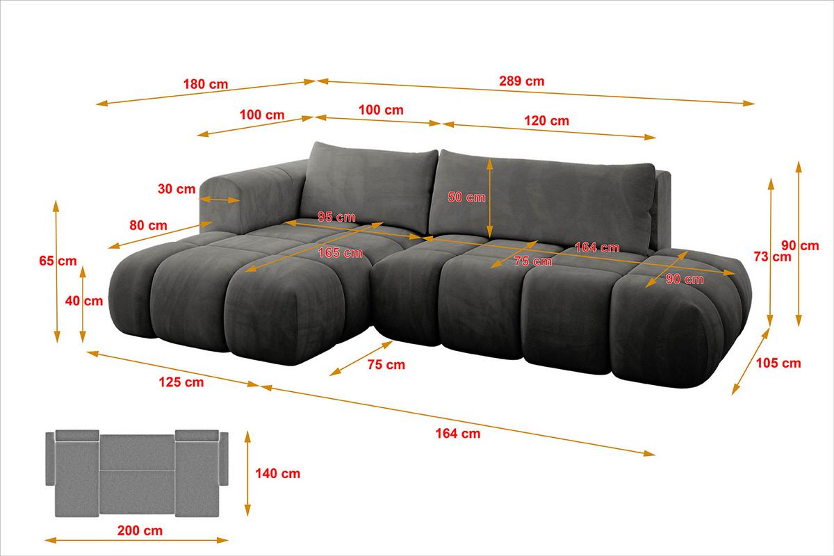 ECKSOFA Ottomane Links CLOUD-L 280x185x90 Dunkelgrau Velours - Dunkelgrau, Holzwerkstoff/Kunststoff (180/289cm) - ALTDECOR
