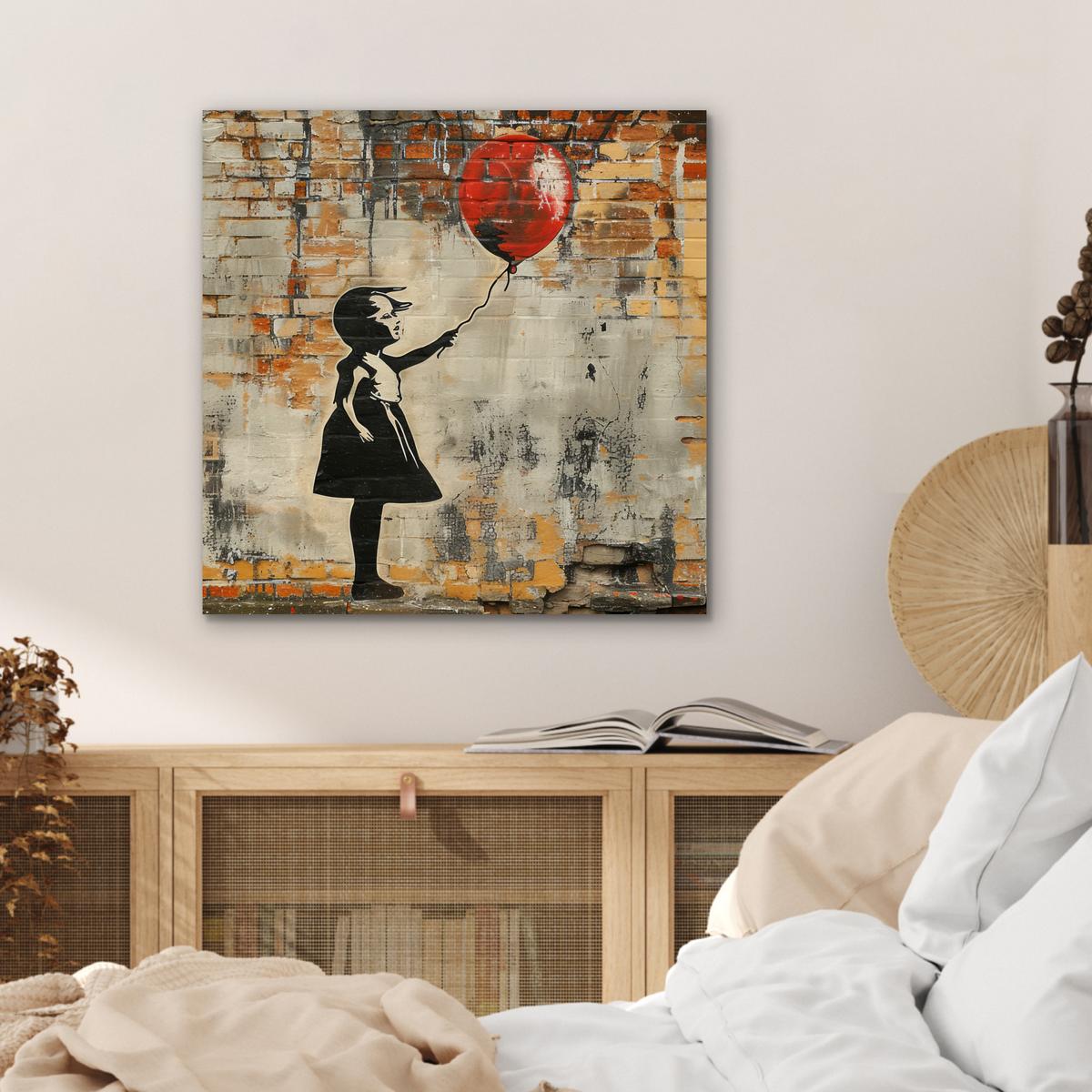METALLBILD Graffiti - Banksy - Mädchen - Straßenkunst 50x50 cm - Sandfarben, Metall (50/50cm) - MuchoWow