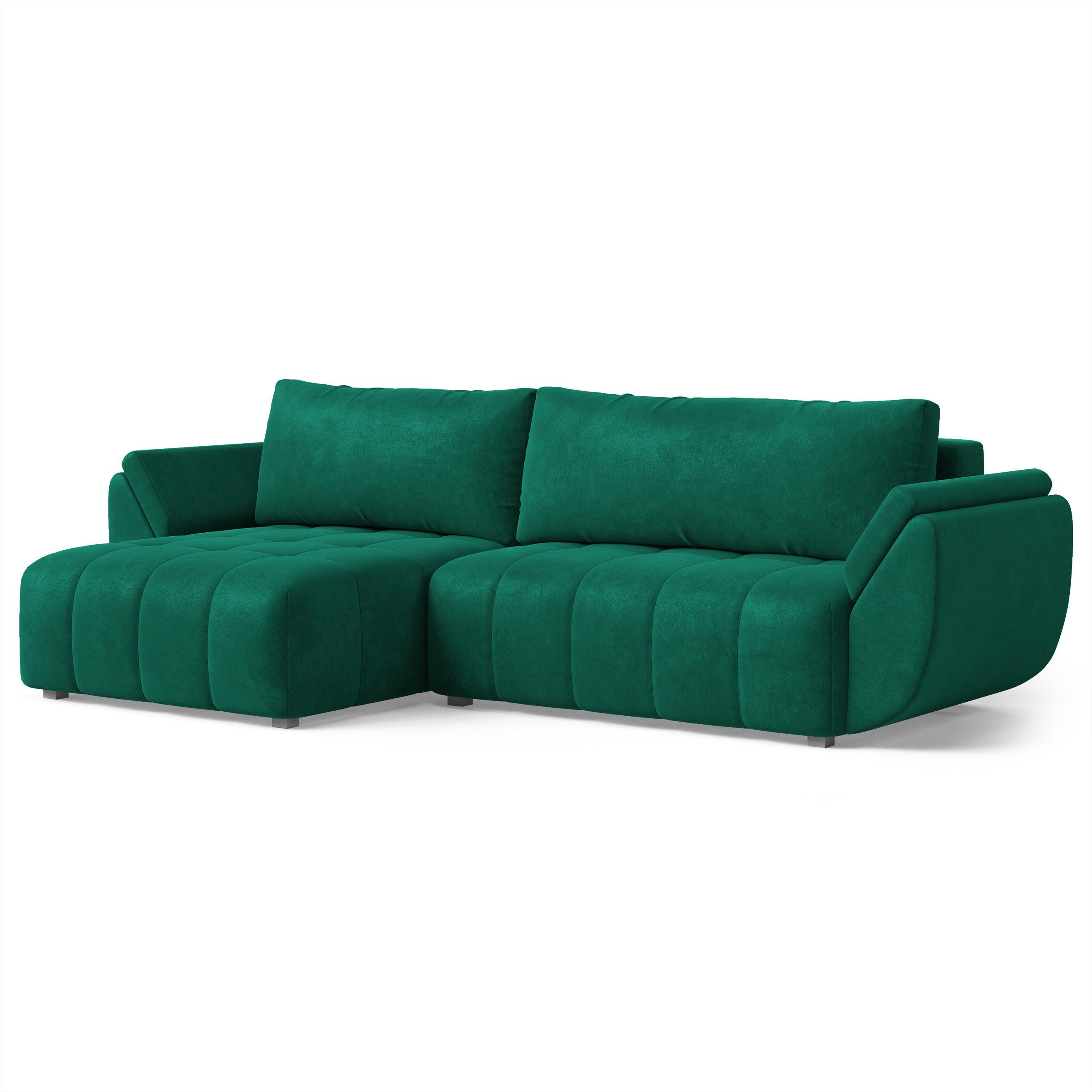 ECKSOFA OLSI Grün Velours-Stoff mit Schlaffunktion - Grün, Holz (285/148cm) - MASSENO