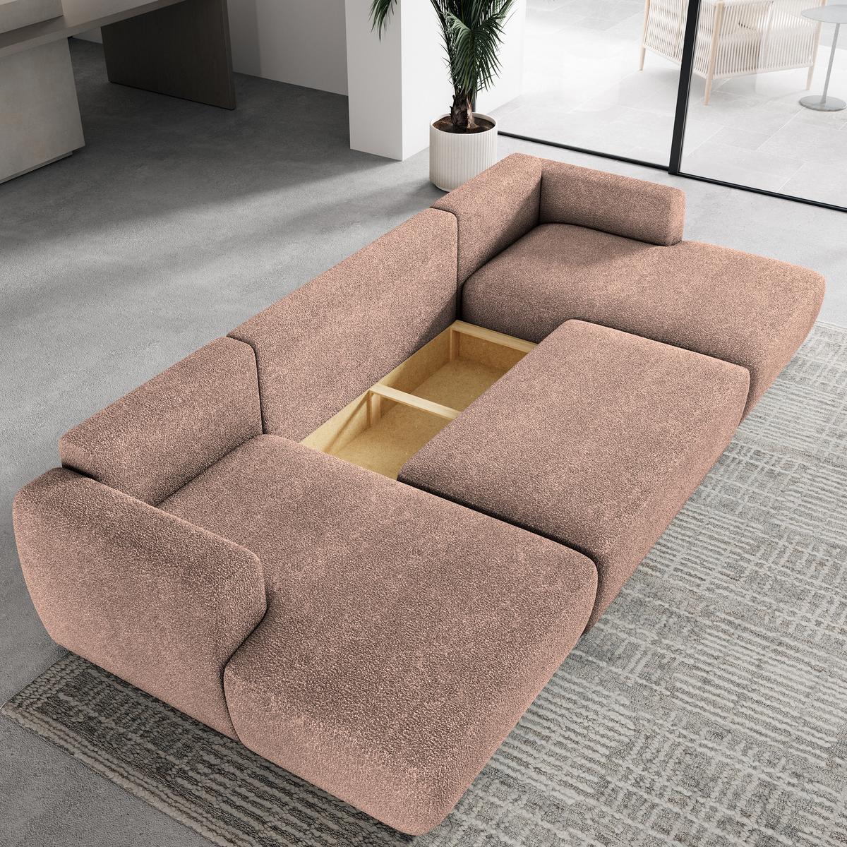 WOHNLANDSCHAFT SENTUM N Rosa Boucle-Stoff mit Schlaffunktion - Schwarz/Rosa, Holz/Kunststoff (330/90/148cm) - MASSENO