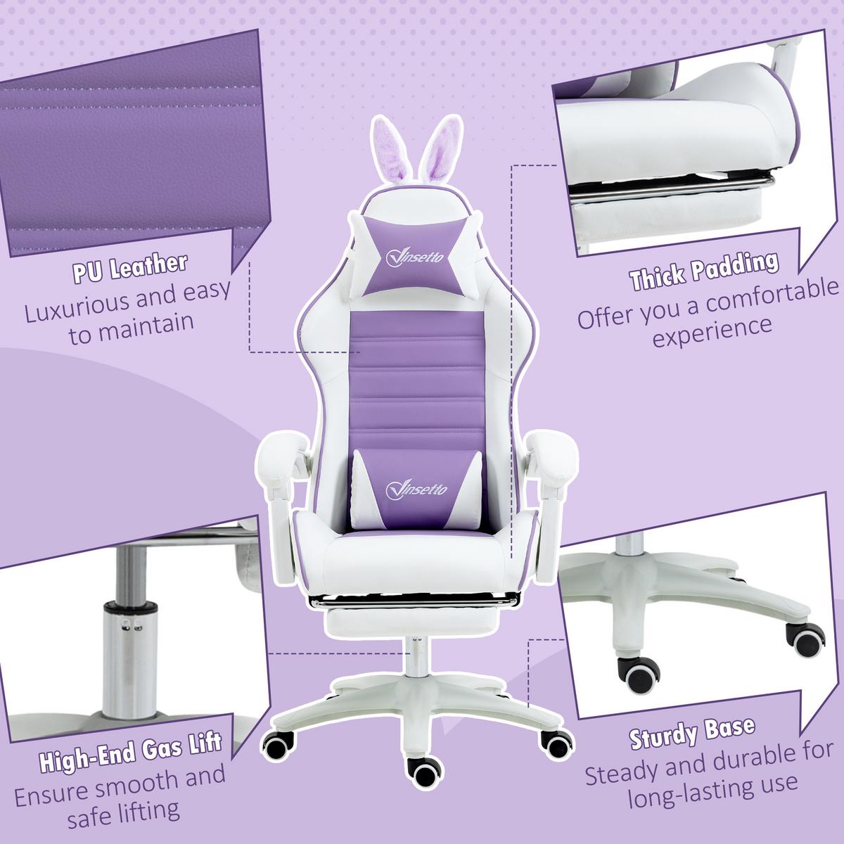 GAMING Stuhl Ergonomischer Gamer Stuhl mit Lendenwirbelstütze, Fußstütze - Violett, Leder (63/142/65cm) - Vinsetto