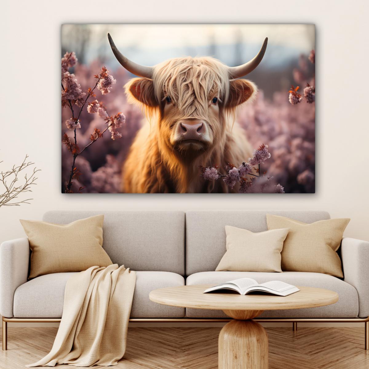 LEINWANDBILD Schottischer Hochländer - Frühling - Hochland Groß 140x90 cm - Hellrosa, Textil (140/90cm) - MuchoWow