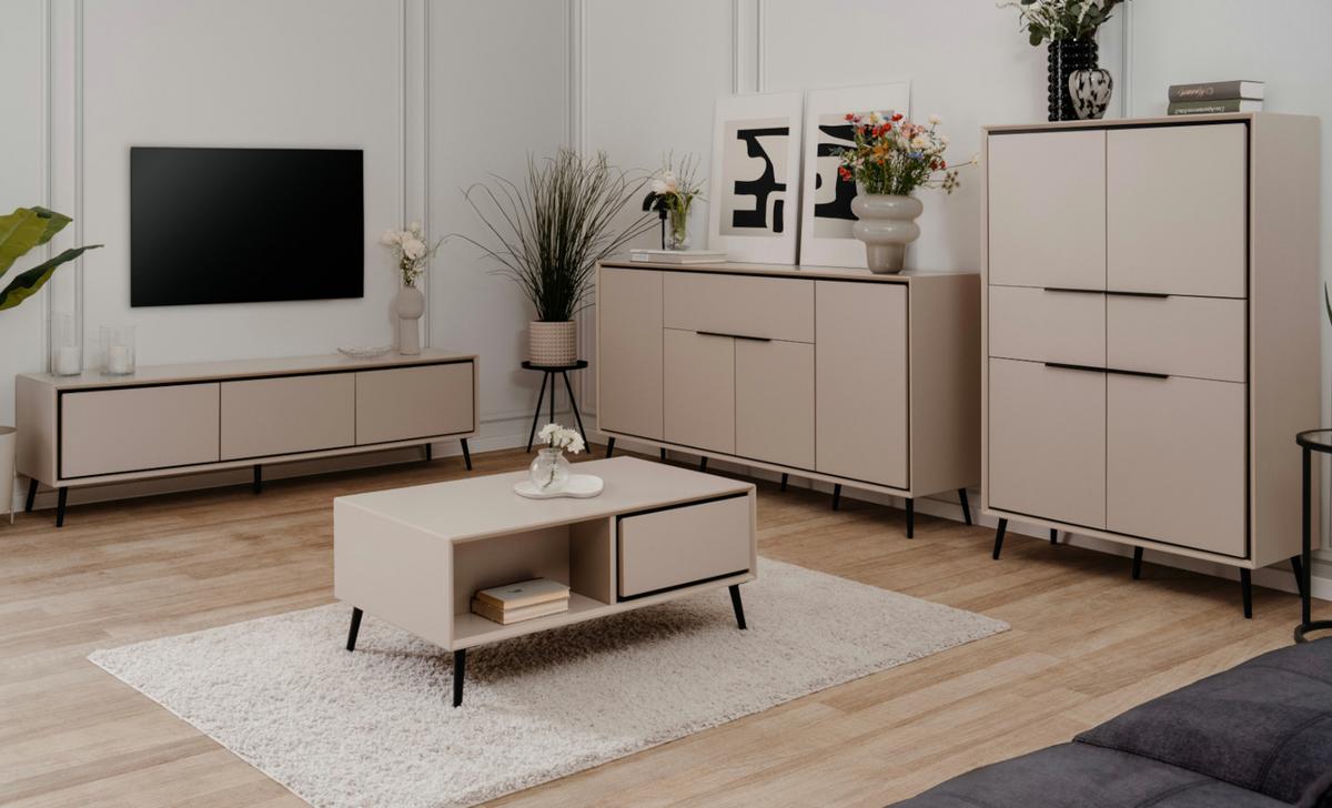 SIDEBOARD sand, schwarz 135 cm, Kommode mit Soft-Close-Funktion - Sandfarben/Schwarz, Holzwerkstoff/Kunststoff (135/90/38cm) - Furn.Design