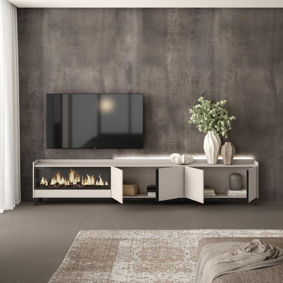 LOWBOARD, Beige, 315/35/61cm, Kamin mit Feuereffekt XXL - Beige, Holzwerkstoff (315/61/35cm) - Skraut Home