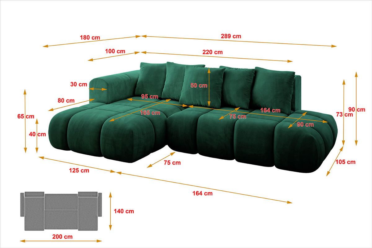 ECKSOFA Ottomane Links CLOUD-L-v1 280x185x90 Dunkelgrün Velours - Dunkelgrün, Holzwerkstoff/Kunststoff (180/289cm) - ALTDECOR