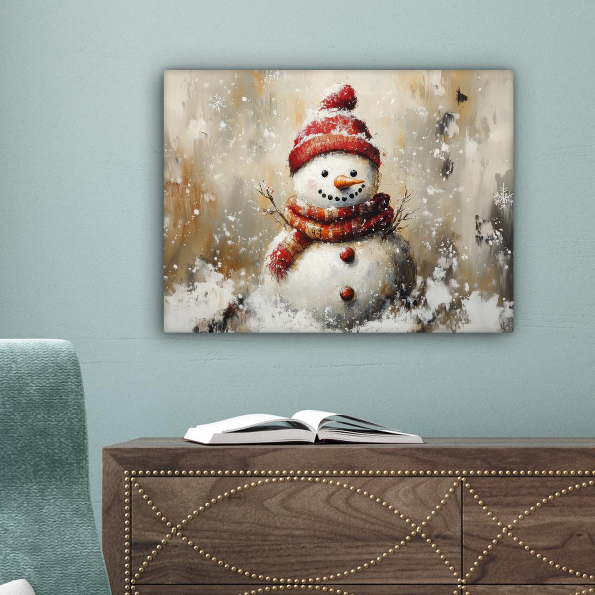 LEINWANDBILD Schneemann - Winter - Schnee - Beige Wandbild 40x30 cm - Weiß, Textil (40/30cm) - MuchoWow