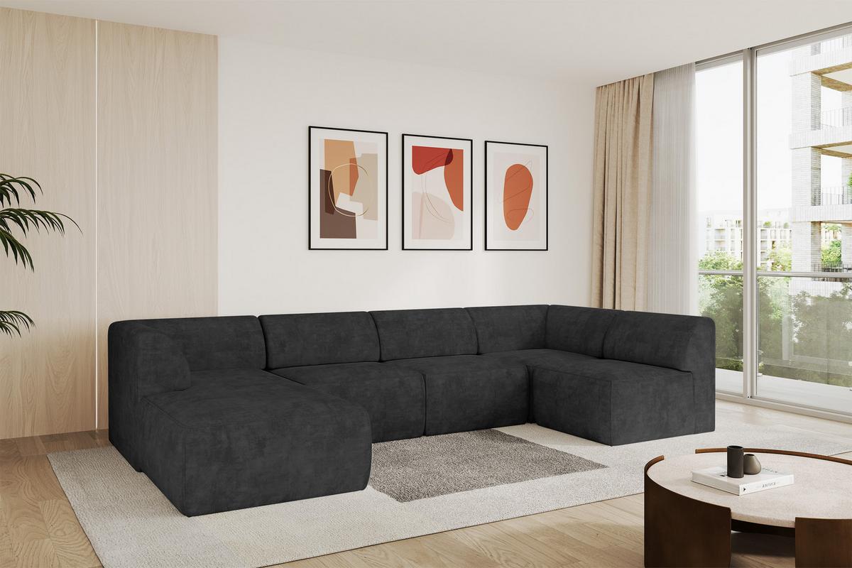 WOHNLANDSCHAFT Ottomane Links MOVO-L 345x180x78 cm Dunkelgrau Velours - Eschefarben, Holzwerkstoff/Kunststoff (345/78/180cm) - ALTDECOR