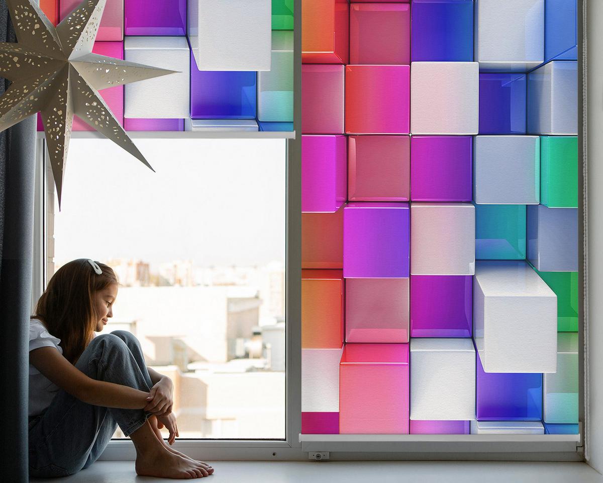 INNENROLLO - Fensterrollo - Rollo - 110x140 cm - Bunte 3D-Würfel - Blau, Kunststoff (110/140/0.5cm) - TULUP