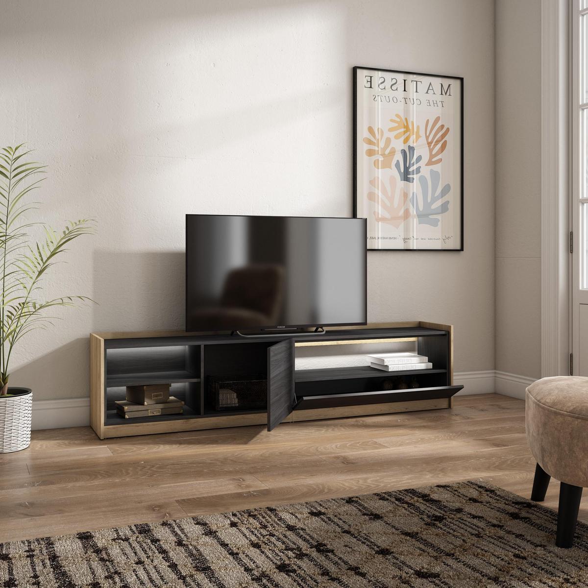 LOWBOARD, Schwarz und Eiche, 207/37/50cm, mit Led - Schwarz, Holzwerkstoff (207/50/37cm) - Skraut Home