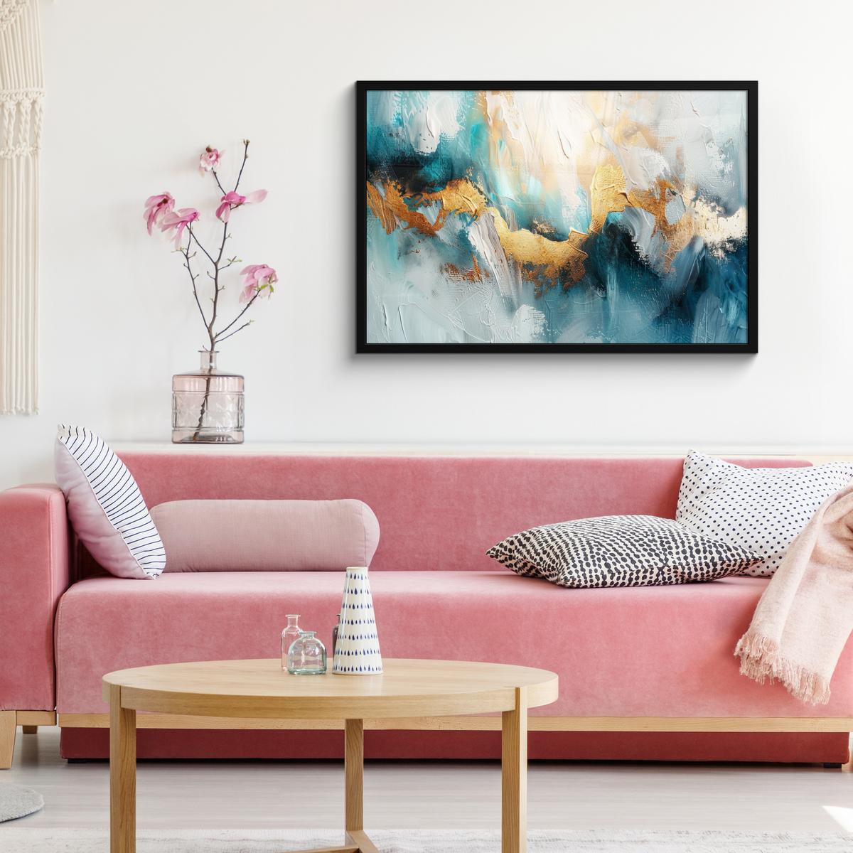 POSTER MIT RAHMENGERAHMTES BILD Abstrakt - Kunst - Gold - Blau 90x60 cm - Petrol, Papier (90/60cm) - MuchoWow